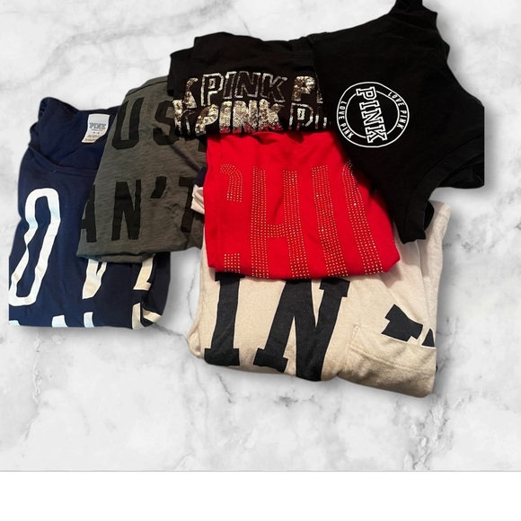 Pink Victoria Secret Bundle Lot (6) T-shirts Athletic bedazzled Tank Top Sz M-L - Picture 1 of 10